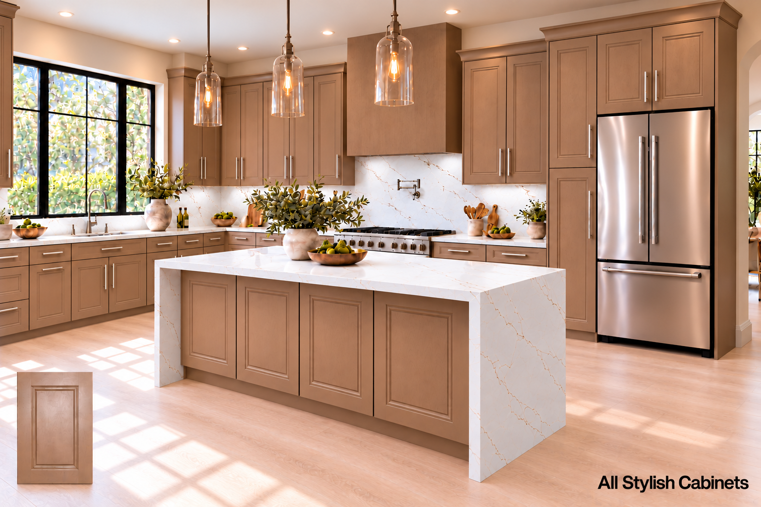 Taupe kitchen with elegant waterfall island